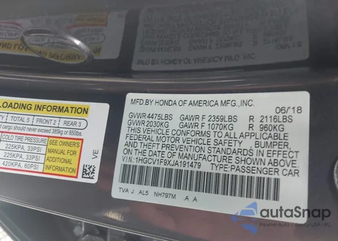 2018 Honda Accord Touring из США, поврежденный, VIN 1HGCV1F9XJA191479